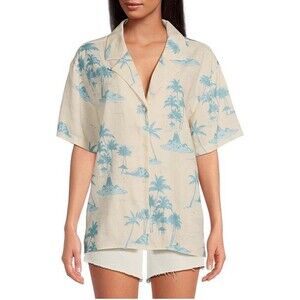 Gianni Bini DANNIJO Margaux L Palm Tree Print Button Front Linen Blend Top